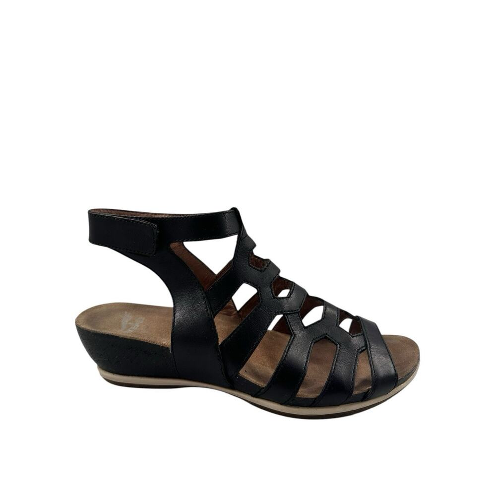 Dansko Valentina Caged Gladiator Sandal Black Napa Leather Wedge Open Toe 37/7